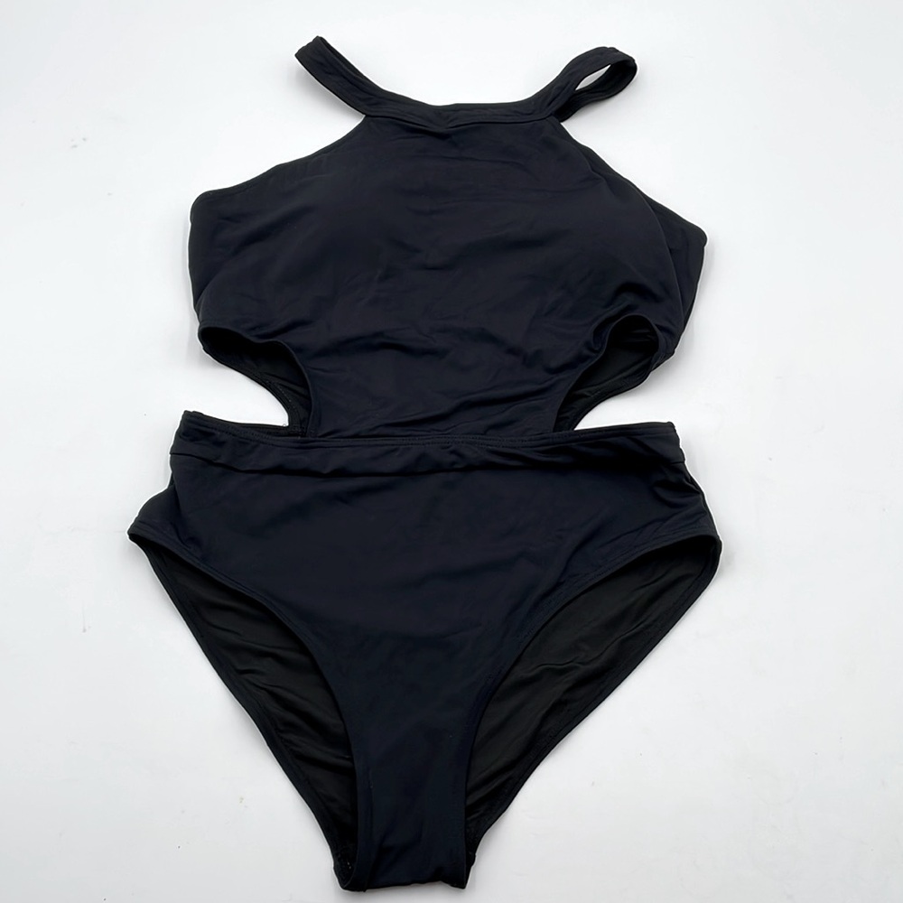 Holipick Black One-Piece Monokini Swimsuit High Neck Cutout Snap/Hook Closure - Picture 3 of 17